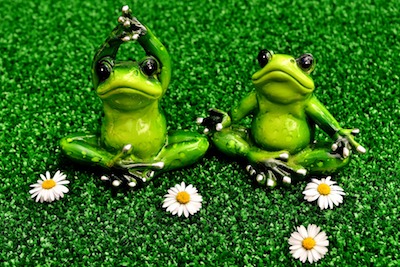 Ceramic frogs do meditation and yoga