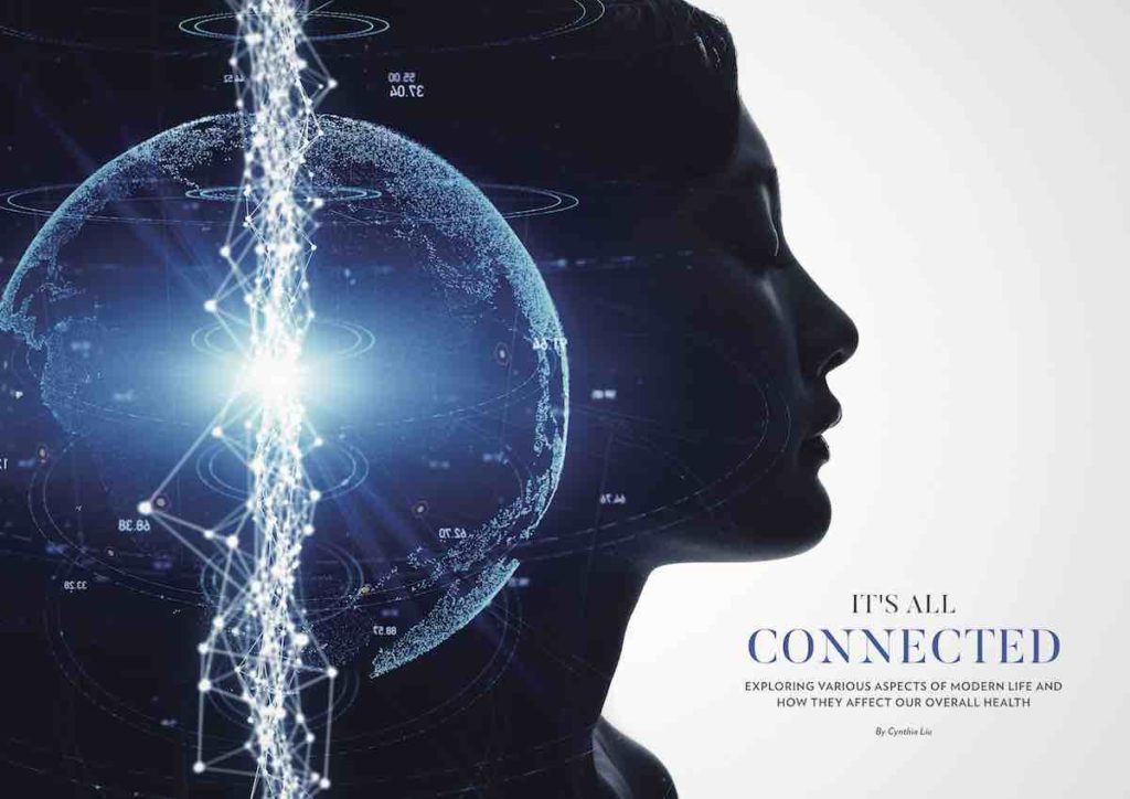 magazine spread showing a woman’s profile silhouette and a glowing globe with connected light dots