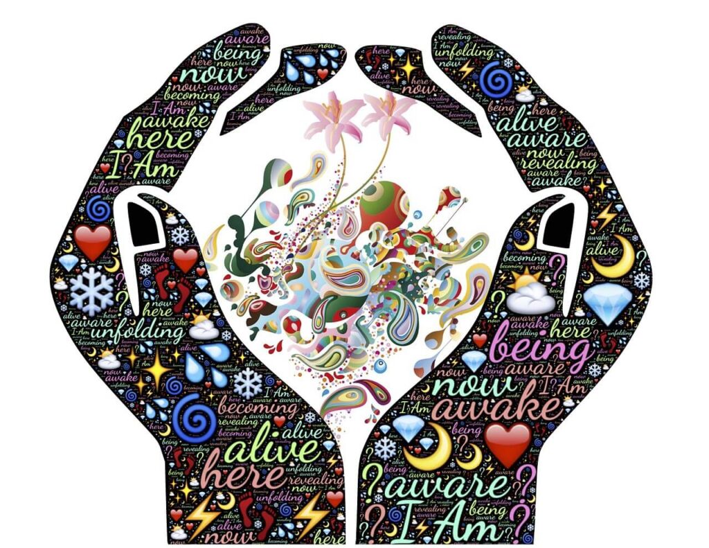 Illustration of hands cupping abstract flowers and symbols, with word clouds and icons on the hands representing mindfulness and consciousness.