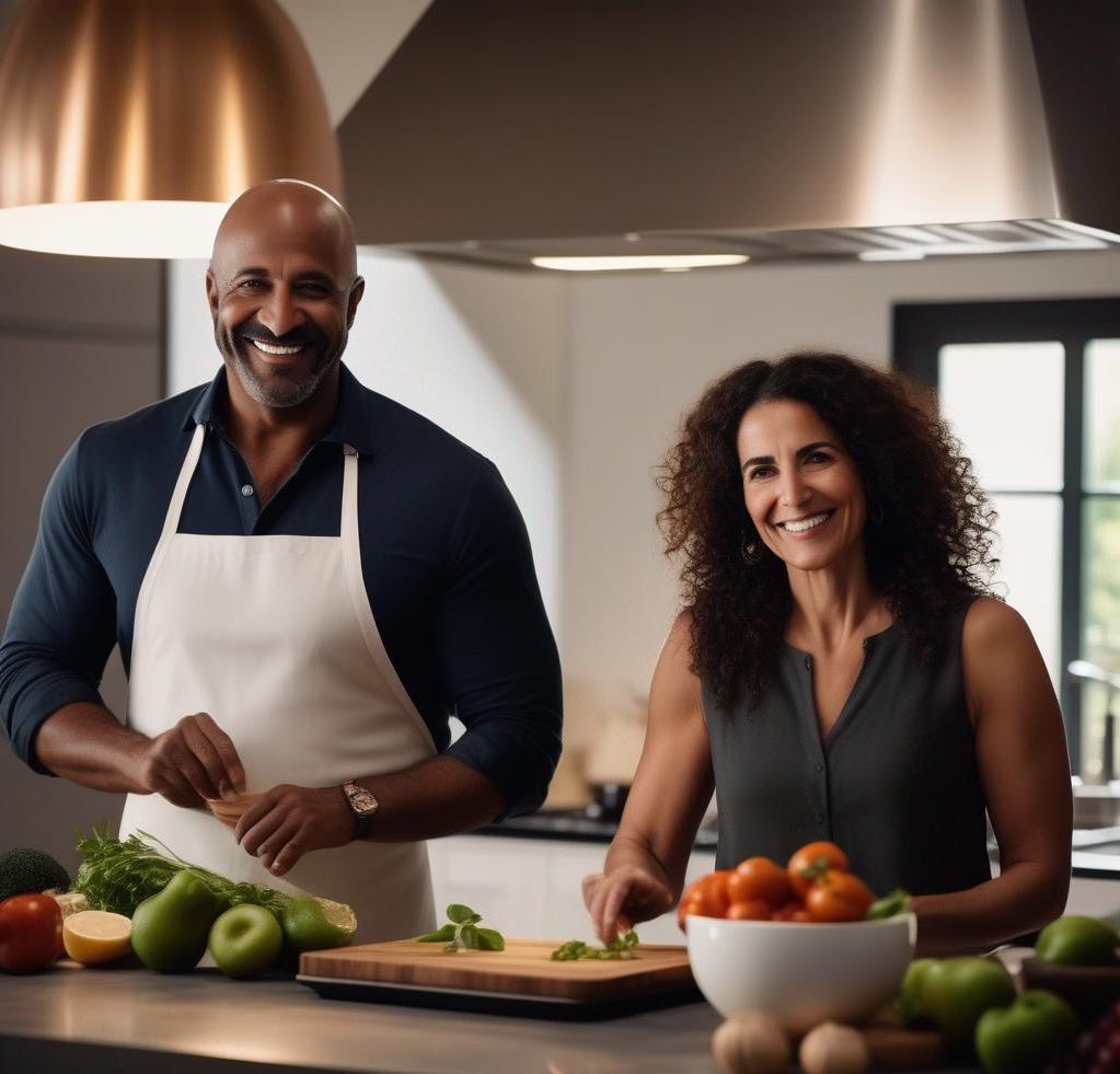 Middle aged Black man and Hispanic woman cooking delicious healthy food