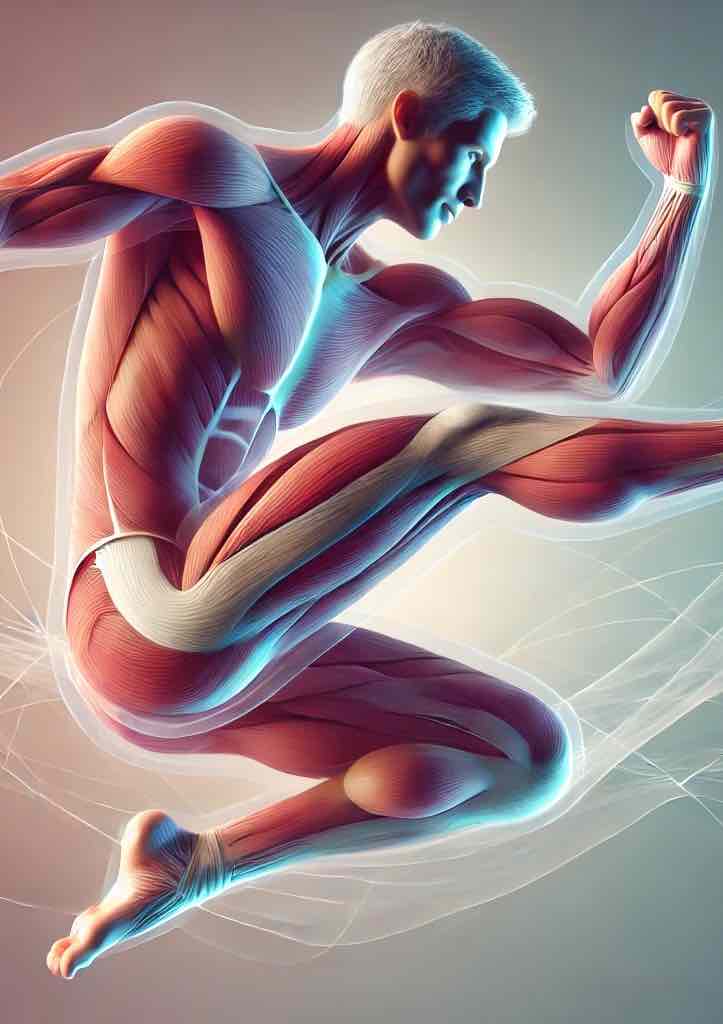 Anatomy of man in midair kick, shows his muscles with overlay of fascia